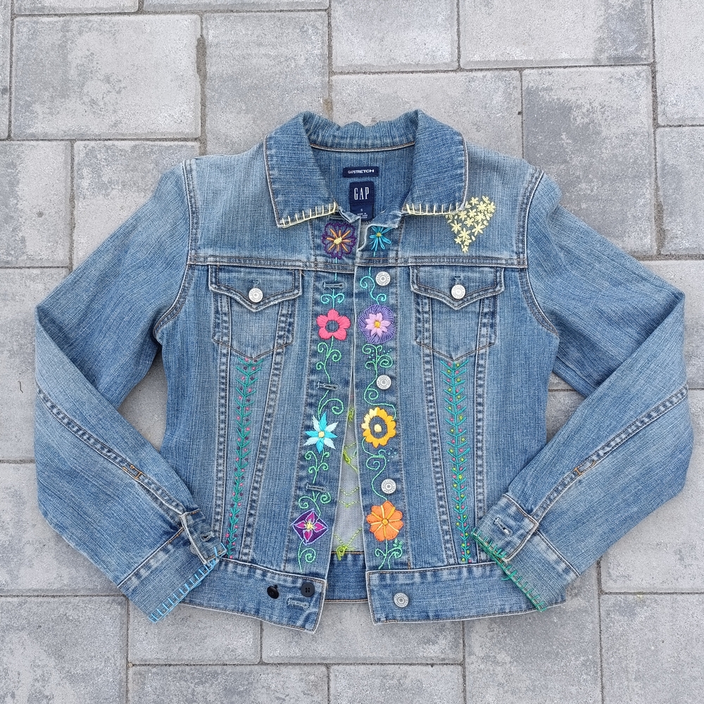 GAP Kids Blue Denim Jacket with Floral Embroidery